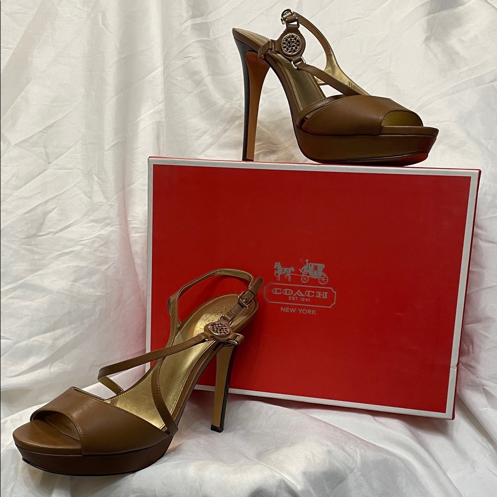 COACH Des Semi-Matte Calf Ginger Tan Brown Strappy Peep-Toe Platform Stilettos